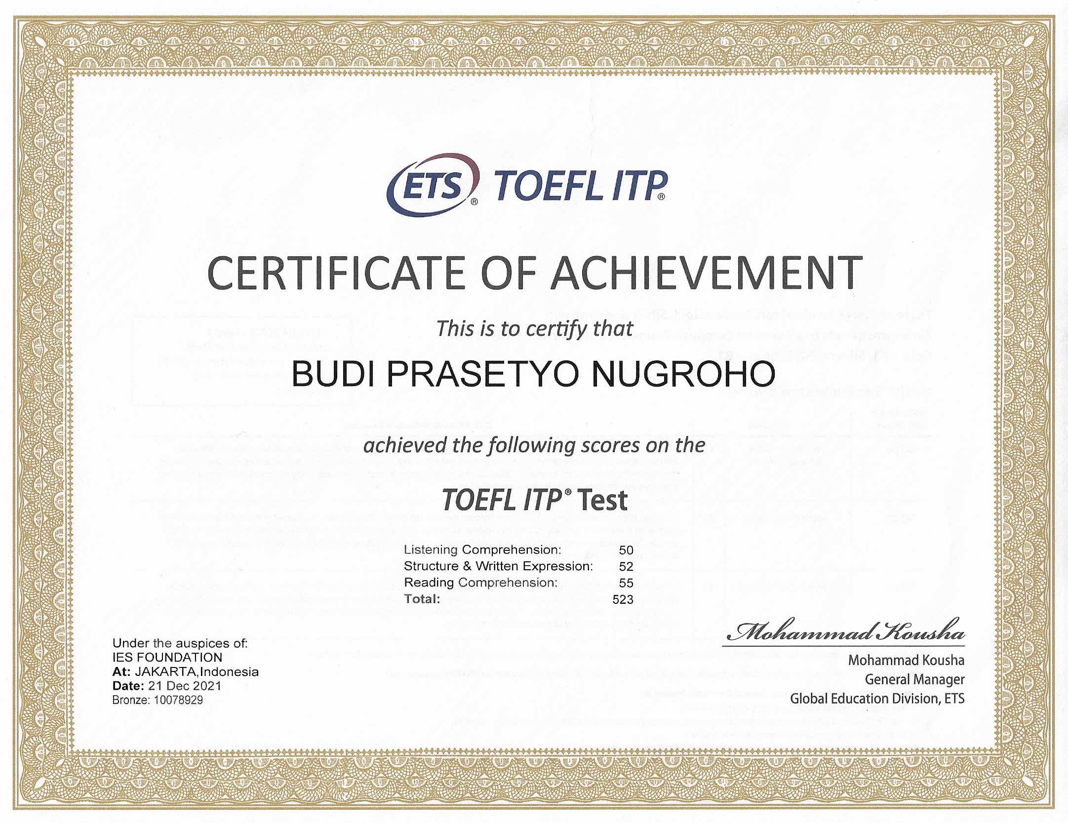 TOEFL ITP Certificate